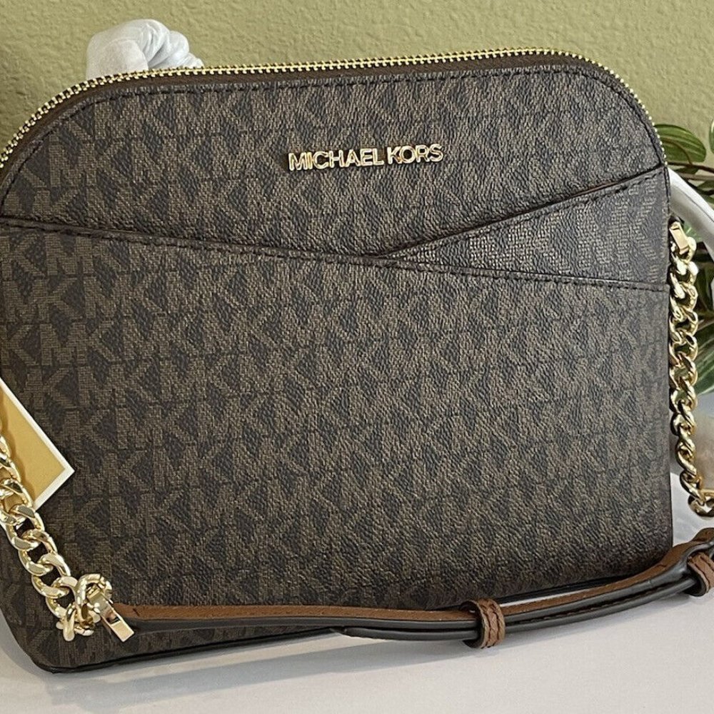 MICHAEL KORS JET SET TRAVEL MEDIUM DOME CHAIN CROSSBODY BAG MK BROWN LOGO - NWT